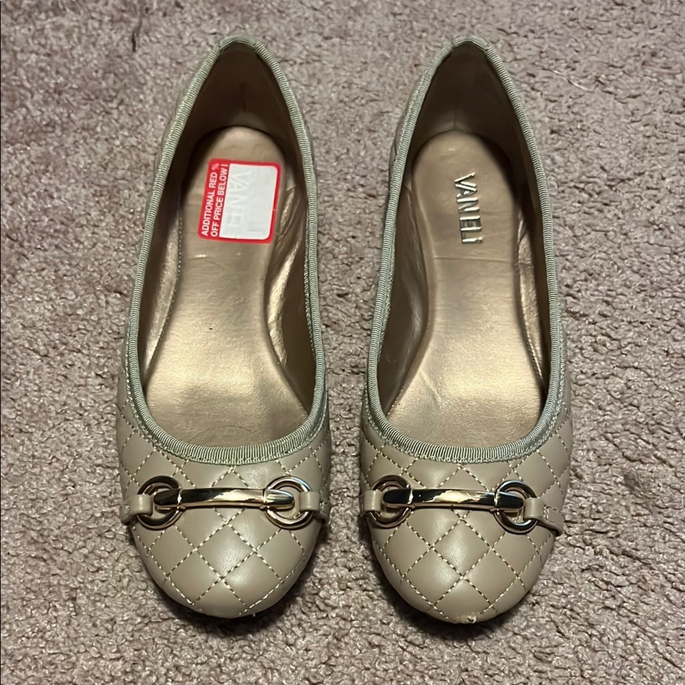 Vaneli Tan Quilted Flats with Horsebit Detail